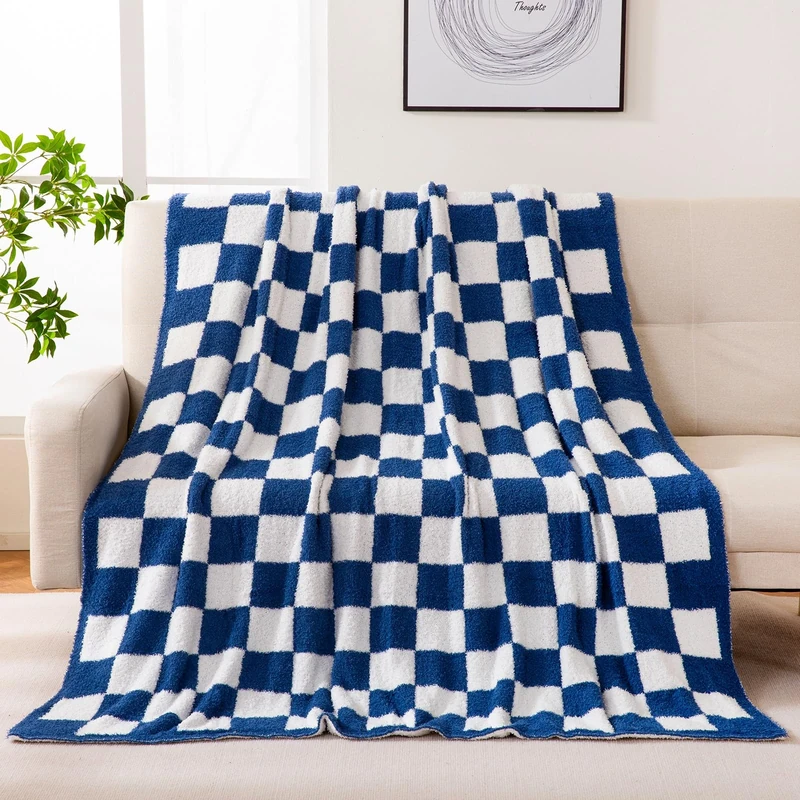 YIRUIO Throw Blankets Checkerboard Grid Chessboard Gingham Warmer Comfort Reversible Microfiber Shaggy Cozy Decor for Home Bed Couch(bluey, 60''x79'')