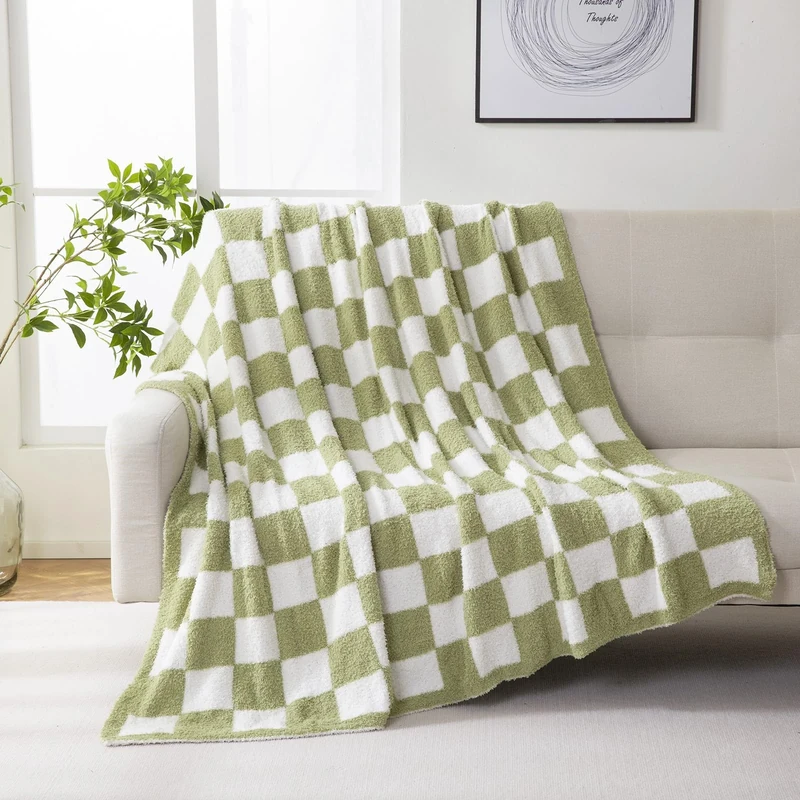 YIRUIO Throw Blankets Checkerboard Grid Chessboard Gingham Warmer Comfort Plush Reversible Microfiber Cozy Decor for Home Bed Couch(sage Green, 51''x63'')