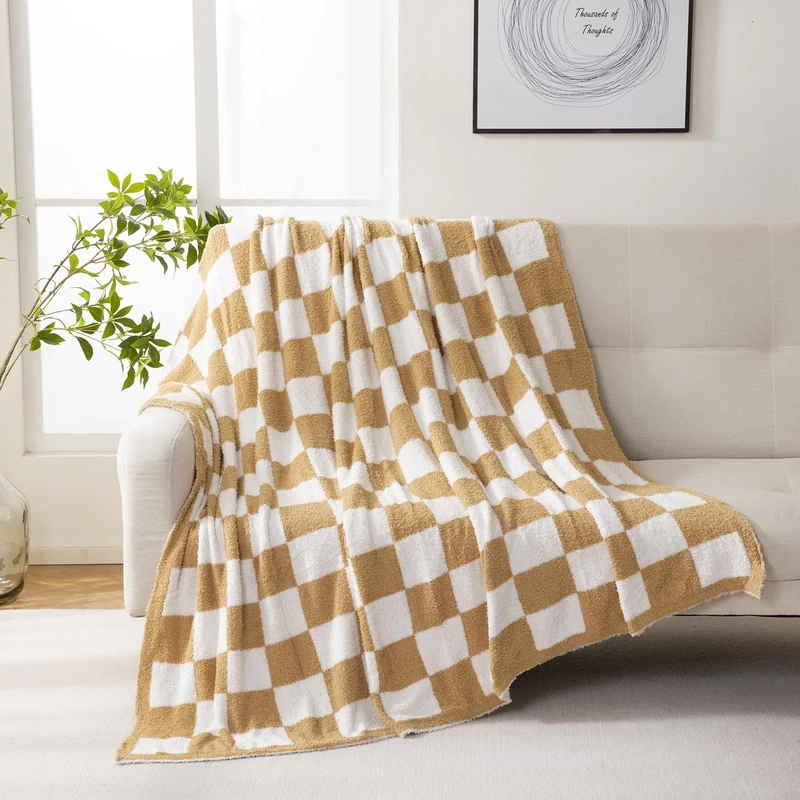 YIRUIO Throw Blankets Checkerboard Grid Chessboard Gingham Warmer Comfort Reversible Long Shaggy Cozy Decor for Home Bed Couch(Burnt Orange, 51''x63'')