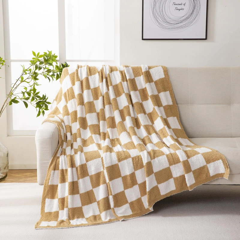 YIRUIO Throw Blankets Checkerboard Grid Chessboard Gingham Warmer Comfort Reversible Microfiber Shaggy Cozy Decor for Home Bed Couch (Burnt Orange, 60''x79'')