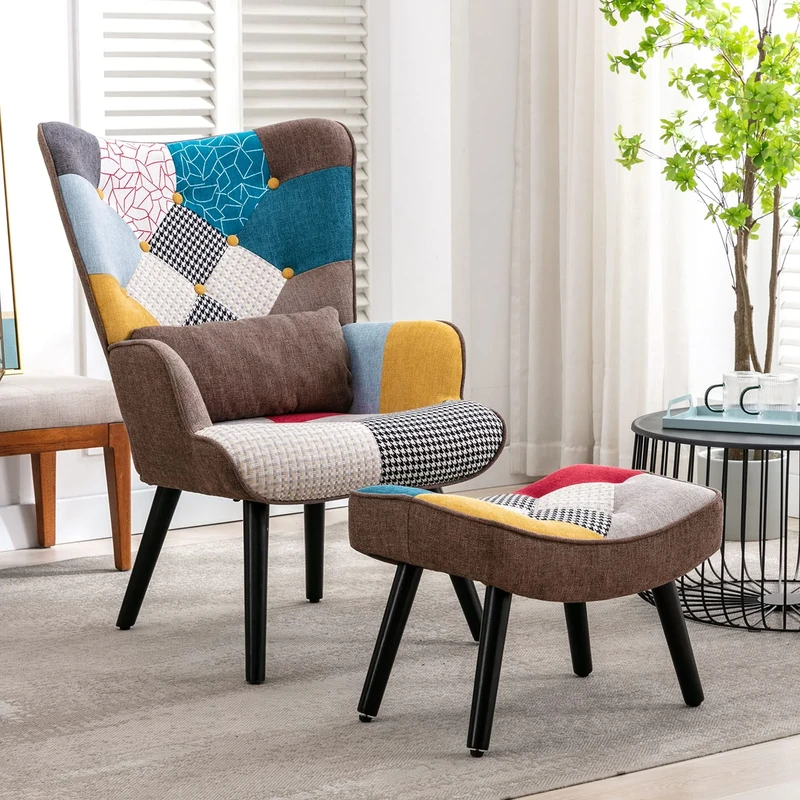 HomeMiYN Patchwork Chair,Accent Armchair with Ottoman Single Sofa Chairs with Footstool and Pillow,Fabric Upholstered High Back Armchairs Lounge Chair for Living Room Reading Bedroom