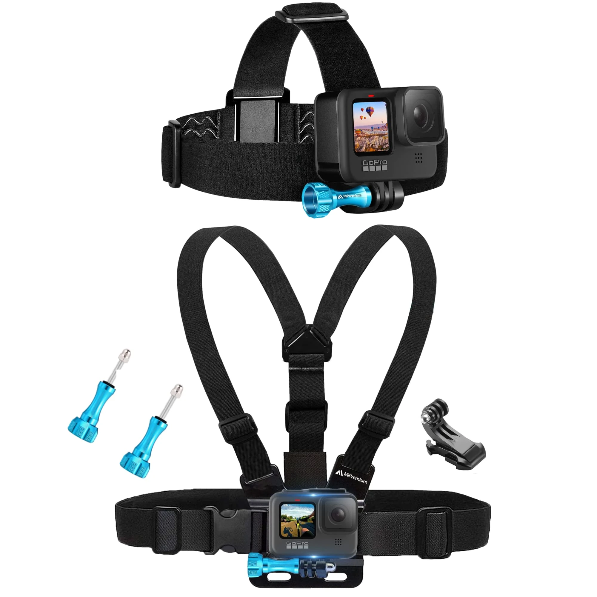 MiPremium Chest Harness Chesty Mount & Head Strap for GoPro Hero 13 12 11 10 9 8 Max Go Pro Hero 7 6 5 3 4 Session Black Silver Fusion DJI Osmo AKASO Accessories Kit for Action Cameras