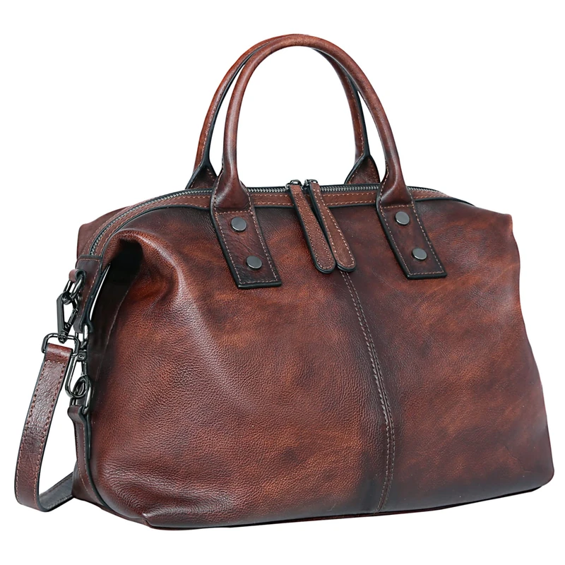 Iswee Genuine Leather Satchel Tote Bag, Coffee, 13.65 (L) x 9.75 (H) x 5.46 (W), Women's Medium Capacity Cross Body Bag