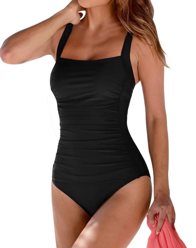 Husmeu Swimming Costume Women's Vintage Padded Push up One Piece Swimsuits Tummy Control Bathing Suits Swimwear Black L