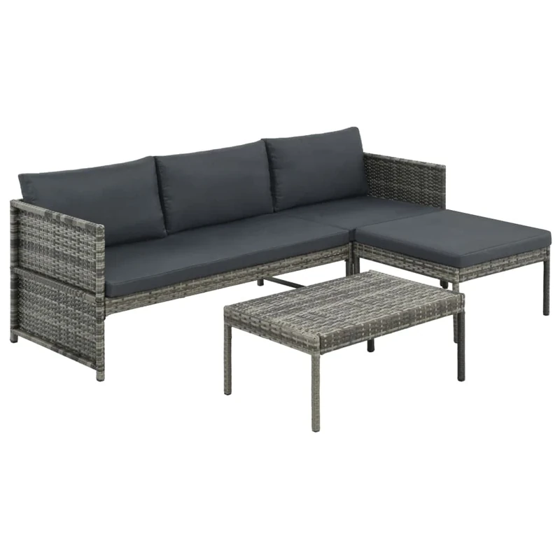 vidaXL 3 Piece Garden Lounge Set with Cushions - Poly Rattan Grey