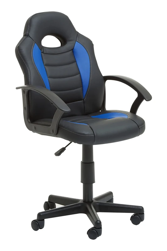 Premier Housewares Black And Blue PU Home Office Chair With Flexible Armrest/Wheel Rolling Base/Adjustable Height And Padded Seat With Lock Mechanism Computer Chairs For Desk w54 x d57 x h97cm