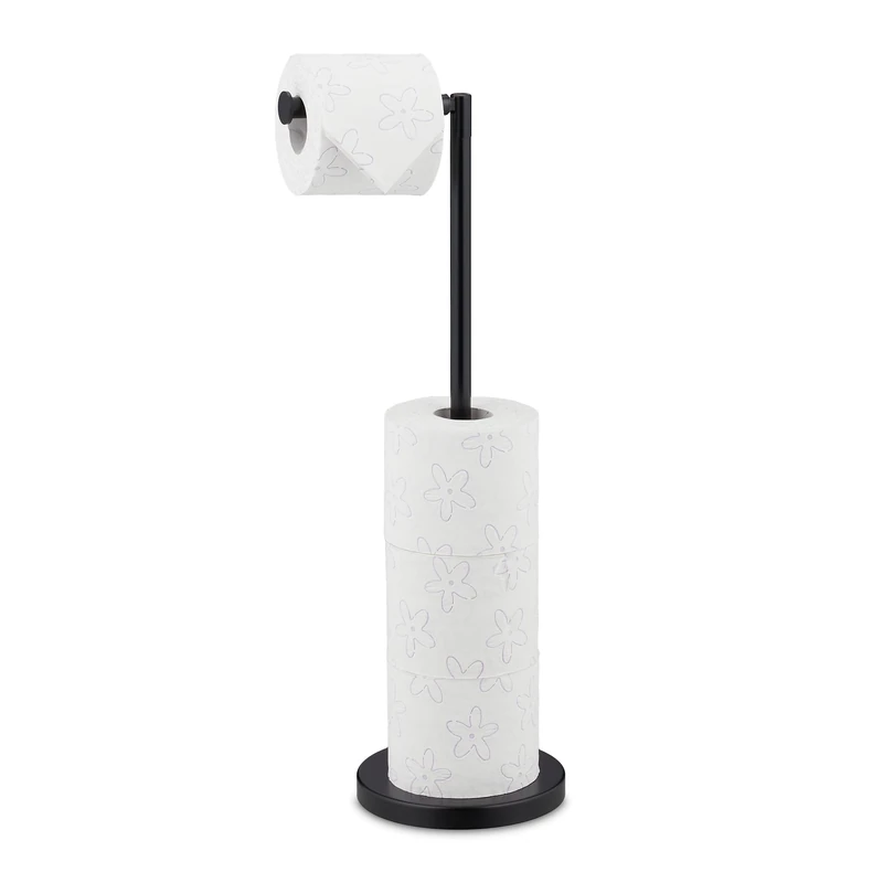 Relaxdays Toilet Paper Holder, Storage for 4 Spare Rolls, Adjustable, Free-standing, HxWxD: 57 x 21.5 x 16.5 cm, Black, Metal