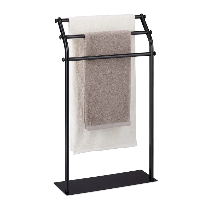 Relaxdays Freestanding Towel Stand with Three Rails, No-Drill Rack, Modern & Simple Design, 86 x 51 x 19 cm; Iron, Black