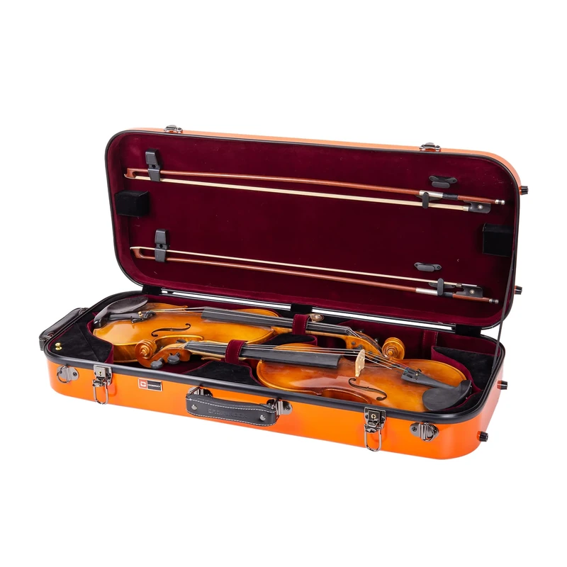 Crossrock Fiberglass Double Violin Case for Two 4/4 Size | Gloss Orange Finish, TSA Lock, Red Velvet Interior – Bright & Reliable Dual Violin Travel Case -Orange (CRF2020DVOR)