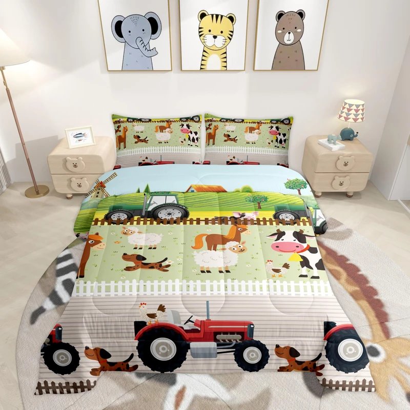 Tractor Bedding Sets for Boys Full Size Toddler Kids Cute Cartoon Farm Animals Comforter Set Girls Children Farmhouse Country Down Comforter for All Season Colorful Room Decor Nature Theme Duvet Set