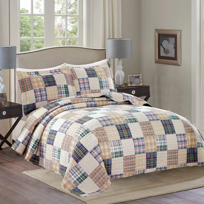 Ycosy Beige Plaid Quilt Set King Size Patchwork Quilts Bedding Plaid Reversible Bedspread Coverlet Soft Lightweight Bed Cover Set All Season,1 Quilt 2 Pillow Shams