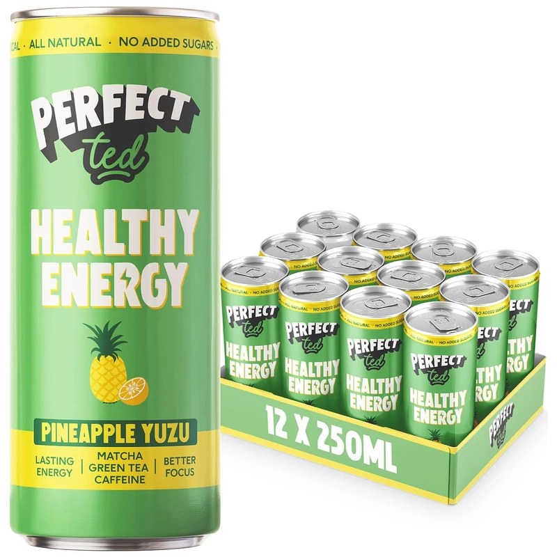 PerfectTed Pineapple Yuzu Healthy Energy Drink, 12 x 250ml Cans, All-Natural Green Tea Caffeine (80mg) & L-Theanine | Ultra Low Calorie (13KCAL) | Vegan | Gluten-Free