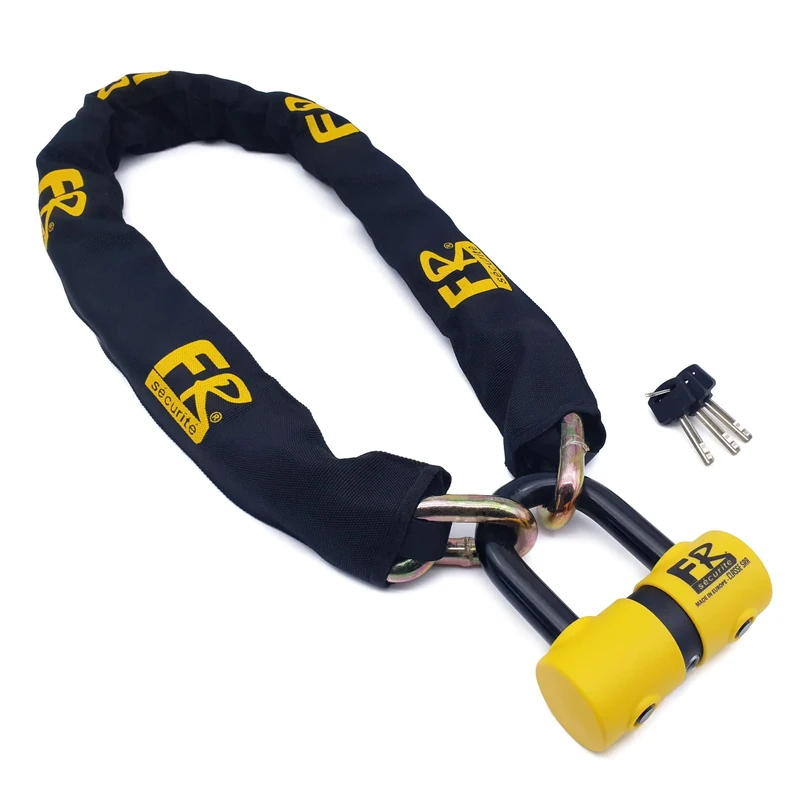 FR SECURITE FR50120 High Security Chain Lock + Mini U Motorcycle Disc Lock, Approved SRA, Links ø13.5/0.53in, Robust Versatile Anti Theft for Motorcycle, Scooter, Anchor, Parking, 120cm/3.9ft Long