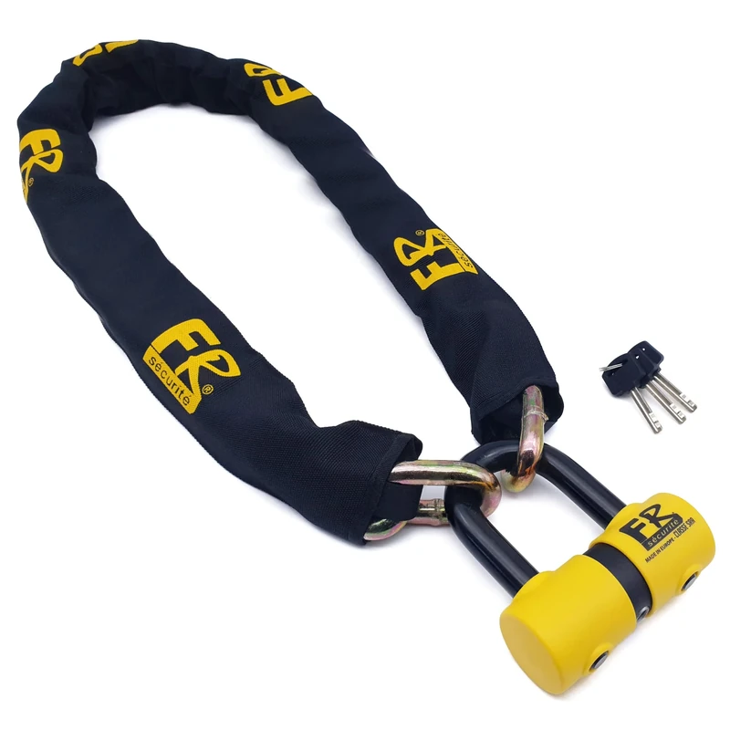 FR SECURITE FR50150 Cadena Alta Seguridad Antirrobo Moto + Candado Moto Disco Mini U ø13.5, 150cm Homologado Classe SRA, Robusto Antirobo Vesátil para Motocicleta, Scooter, Bici, Anclaje, Parking
