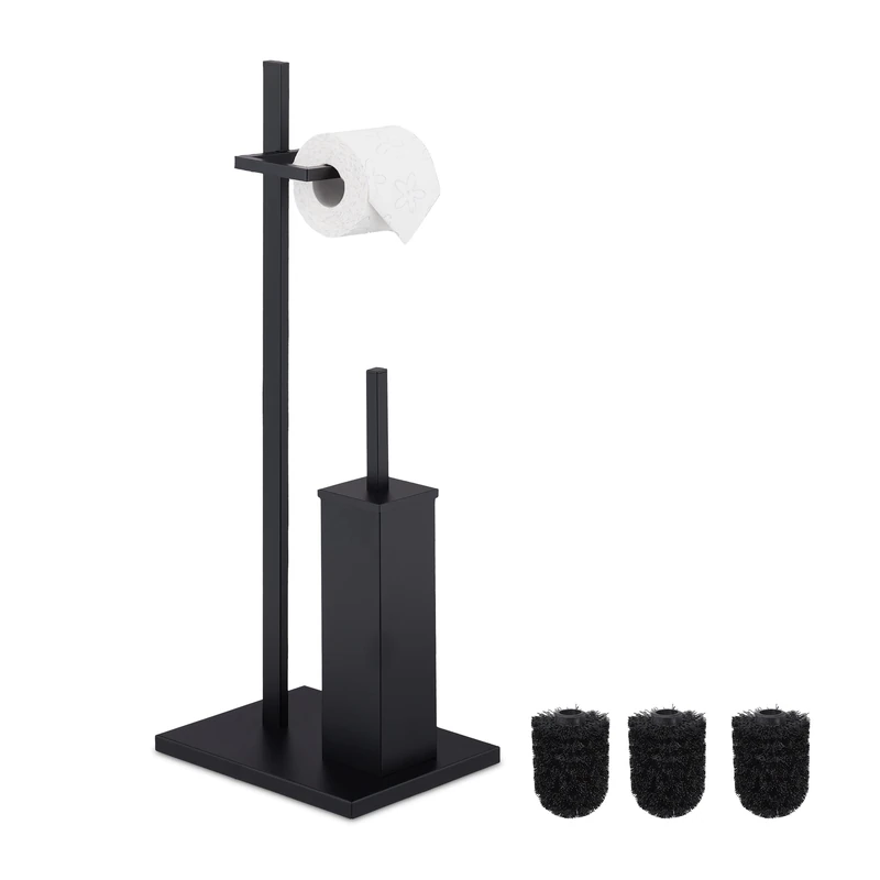Relaxdays WC Accessory Set, Standing Toilet Paper & Brush Holder, incl. 3 Replacement Heads, 72.5 x 27.5 x 21.5cm, Black