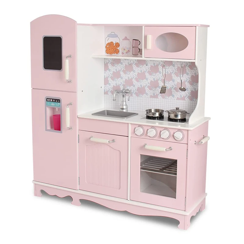 DEQUBE – Wooden Kitchen 3 Modules Vintage Design – Toy Kitchen with Large Storage Capacity – Contains Metal Accessories for the Game – Size 91 x 30 x 102 cm – Pink (913D00014)