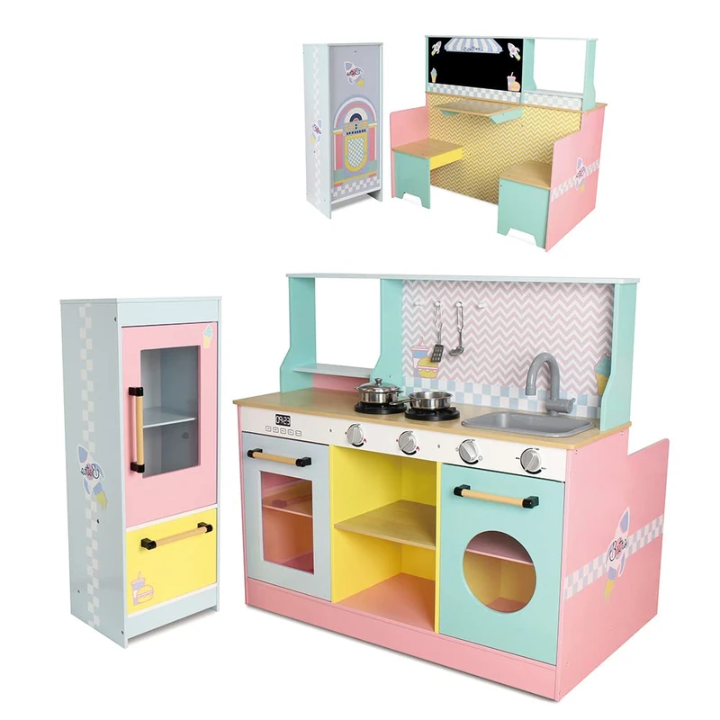 DEQUBE - Kitchen Restaurant Wooden 4 modules 2 in 1 with Light and Sound for Kids, Unisex, 3+, 82 x 90 81 cm (913D00015)