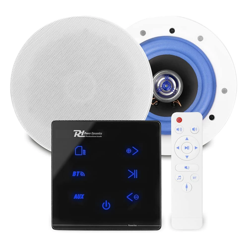 Power Dynamics Powerline Bluetooth Ceiling Speaker System with A50B Wall Amplifier and 2x ESCS6 6.5" Speakers - Wireless Home Audio Kit, Hi-Fi Sound, Magnetic Grilles, Easy Installation, Black