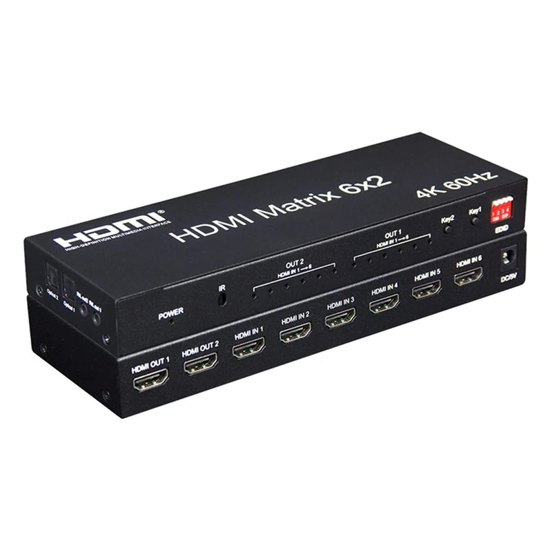 4K 60Hz 6x2 HDMI Matrix Switch - 6 IN 2 OUT HDMI Splitter with EDID for PC TV Dual Monitor