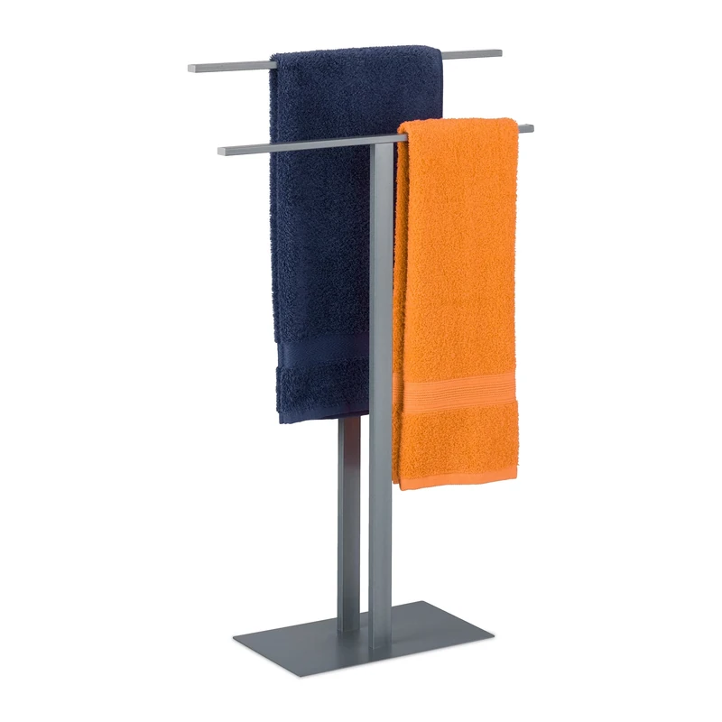 Relaxdays Freestanding Towel Stand with Two Rails, No-Drill Rack, Modern & Simple Design, 82 x 50 x 19 cm; Iron, Grey