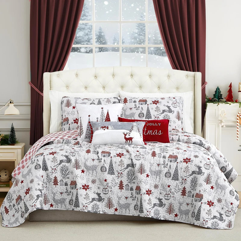 Southshore Fine Living, Inc., Holly Jolly Christmas Holiday Soft Bedding Set 5-Piece Oversized Quilt Set with Throw Pillows and Shams, Twin/Twin XL