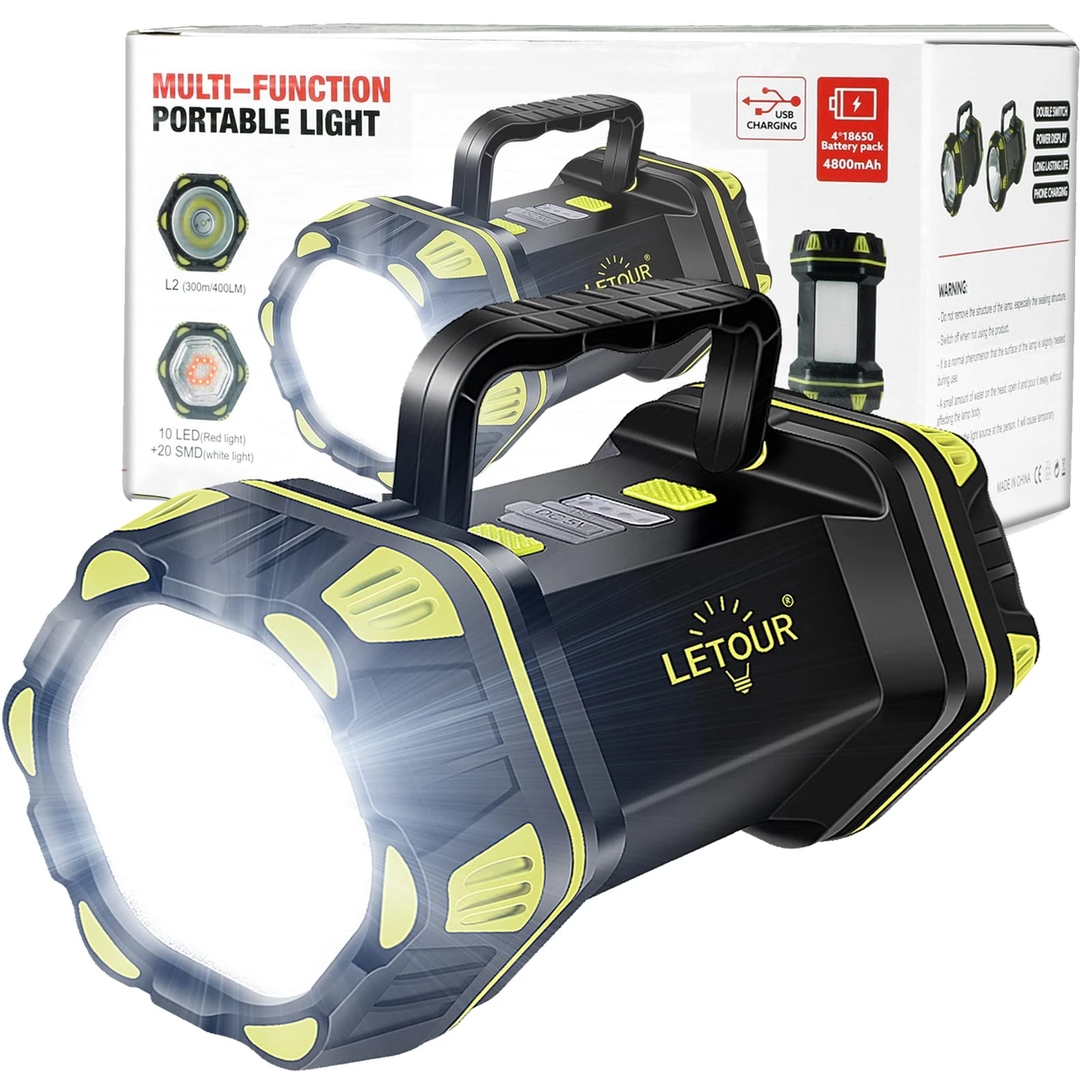 LETOUR Rechargeable LED Torch, 4000Lumens Multi-Functional Camping Light Super Bright Flashlight 8 Modes LED Searchlight, 4800mAh Power Bank, IP65 Waterproof Outdoor Tent Spotlight Lantern