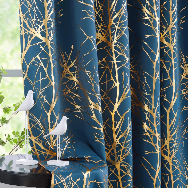 Fmfunctex 100% Blackout Curtains for Bedroom, Gold on Blue Curtains 96 inches Foil Tree Print Tree Curtains for Living Room, Modern Energy Efficient Shiny Metallic Branch Curtain Grommet Top 2 Panels