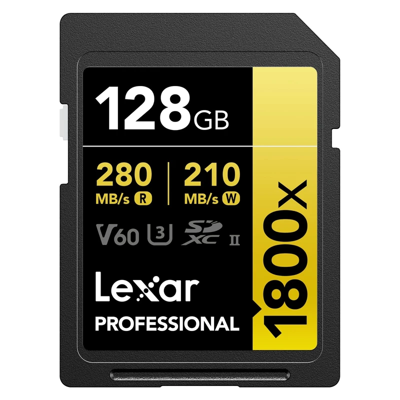 Lexar SDXC Professional 128GB 1800x UHS-II GOLD series, Class 10, U3, V60, for 4K video recording, black