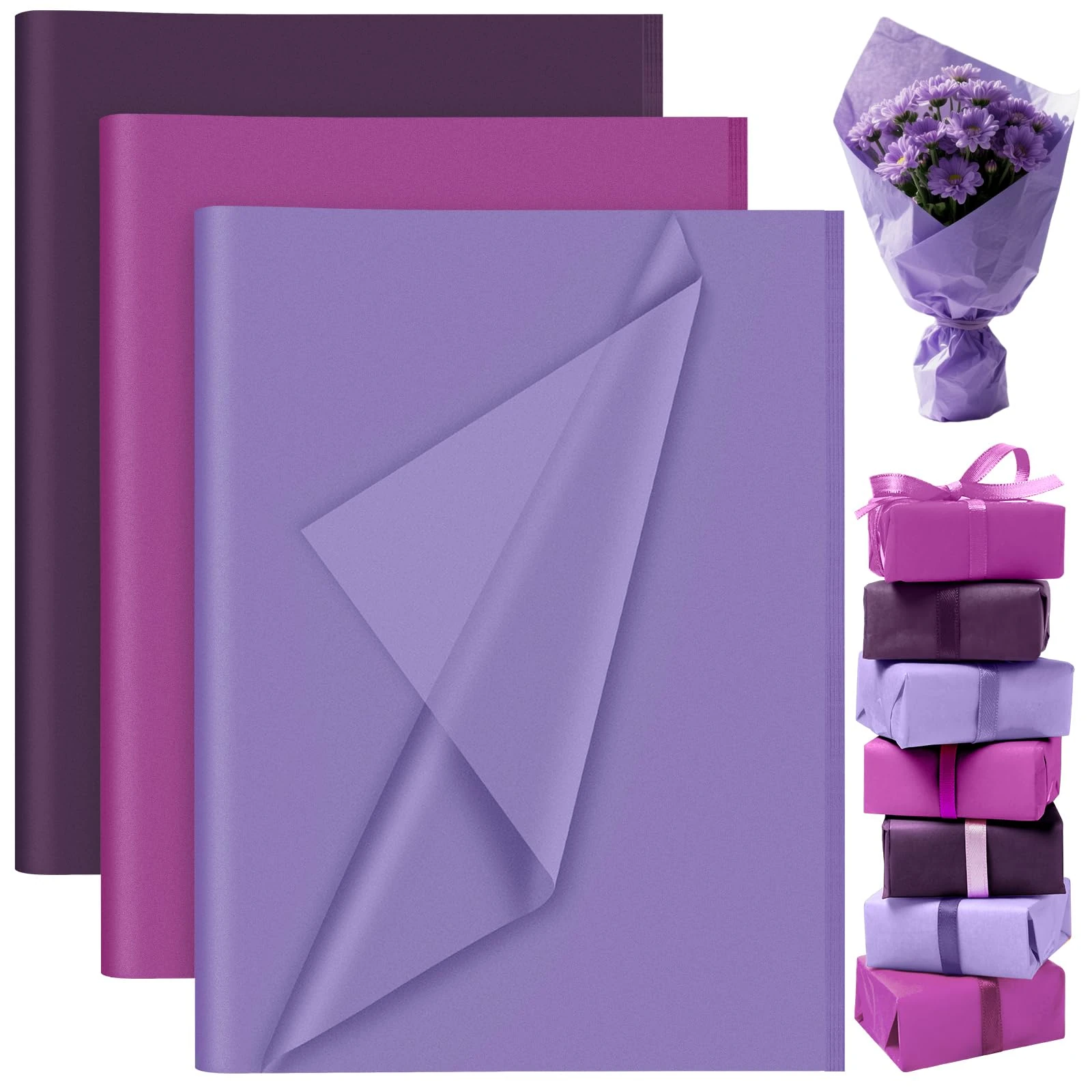 PLULON 60 Sheets Purple Tissue Paper Bulks, Gift Wrap Tissue Paper Sheets for Packaging Birthday Gift Wrapping Paper Birthday Wedding Holiday Paper Flower(Purple)