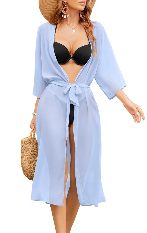 YUNDAI Women's Beach Cover Ups Chiffon Bikini Swimwear 3/4 Sleeve Kimono Open Front Cardigan with Belt, 3XL Sky Blue - Image 1