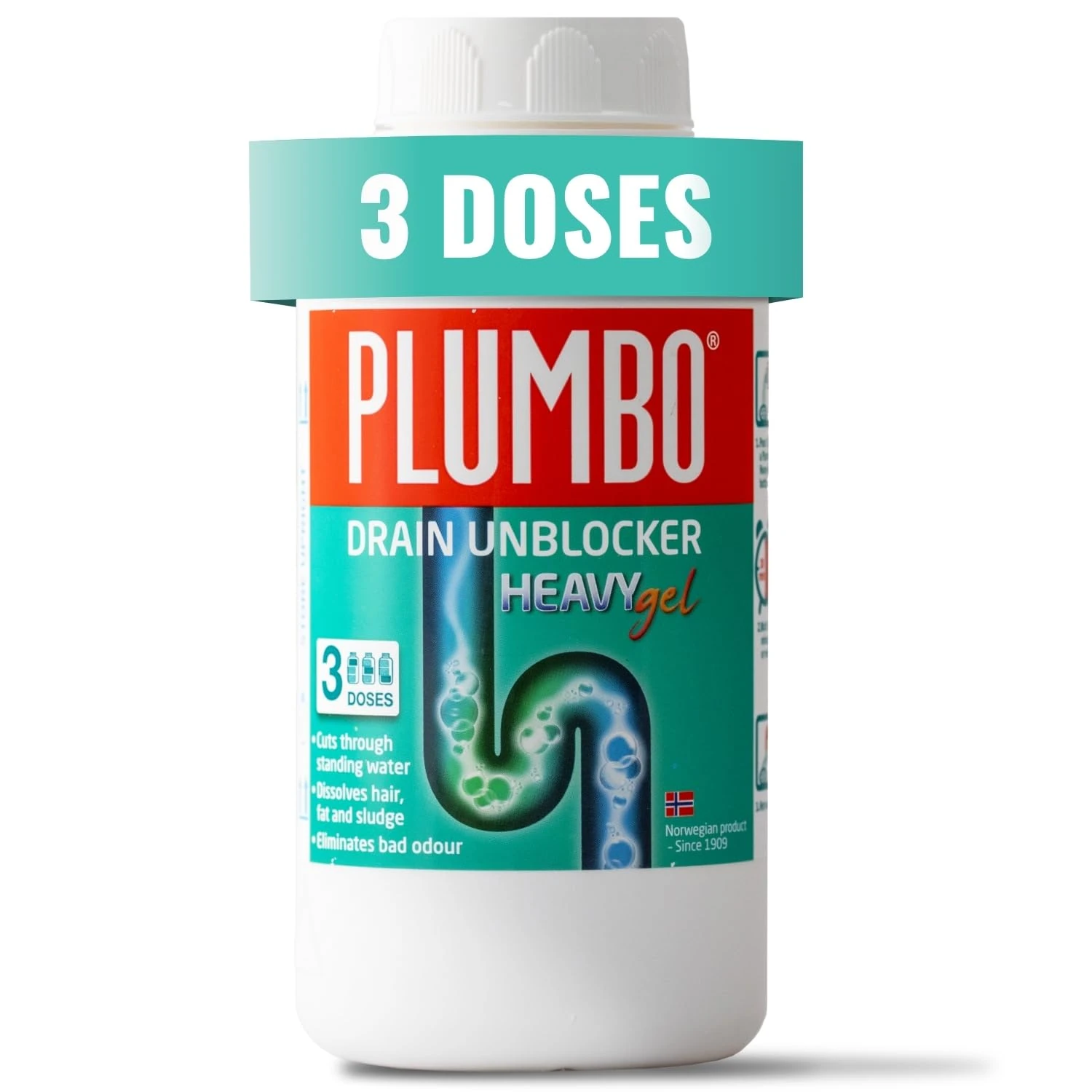 Drain Unblocker 3 Doses Heavy Duty Gel Formula – Dissolves Hair, Grease & Waste – Odour Remover, Gentle on Pipes by Plumbo