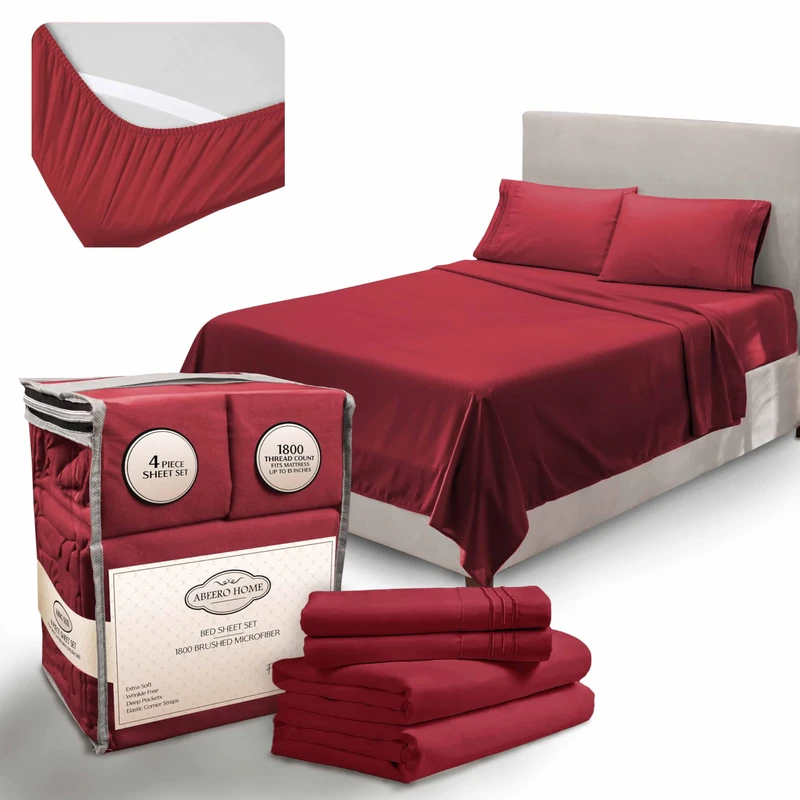 Abeero Home King Size Premium Sheet Set - Luxury Hotel Bedding - Cooling Bed Sheets with Elastic Corner Straps - Up to 15" Deep Pocket Mattress - Soft Sheets & Pillowcases - 4 Piece (King, Burgundy)