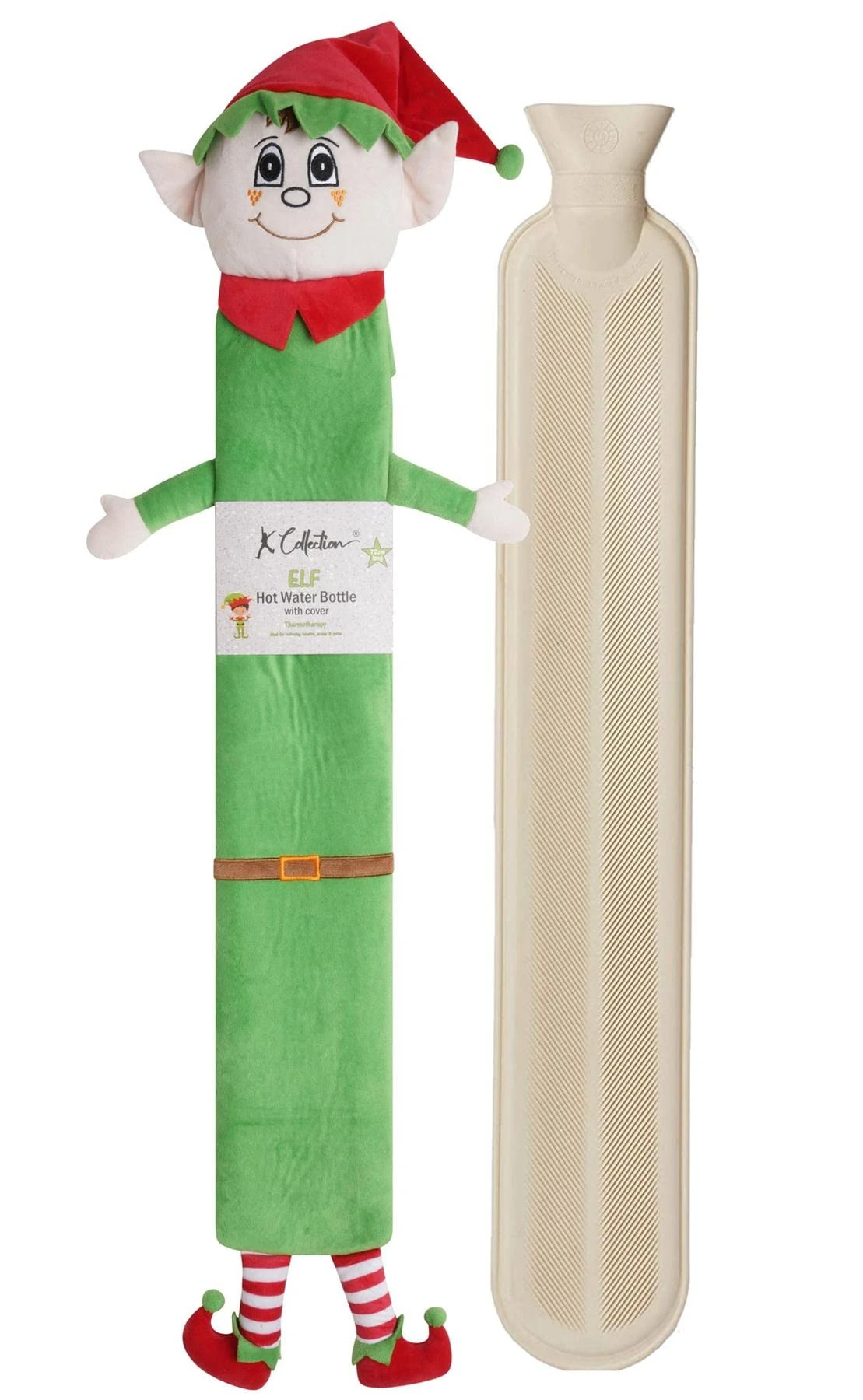Extra Long Hot Water Bottle – Super Soft Novelty Plush Cover – Natural Rubber 2L Capacity – 72cm Long – Perfect for Pain Relief on Aches or Injuries (Elf)