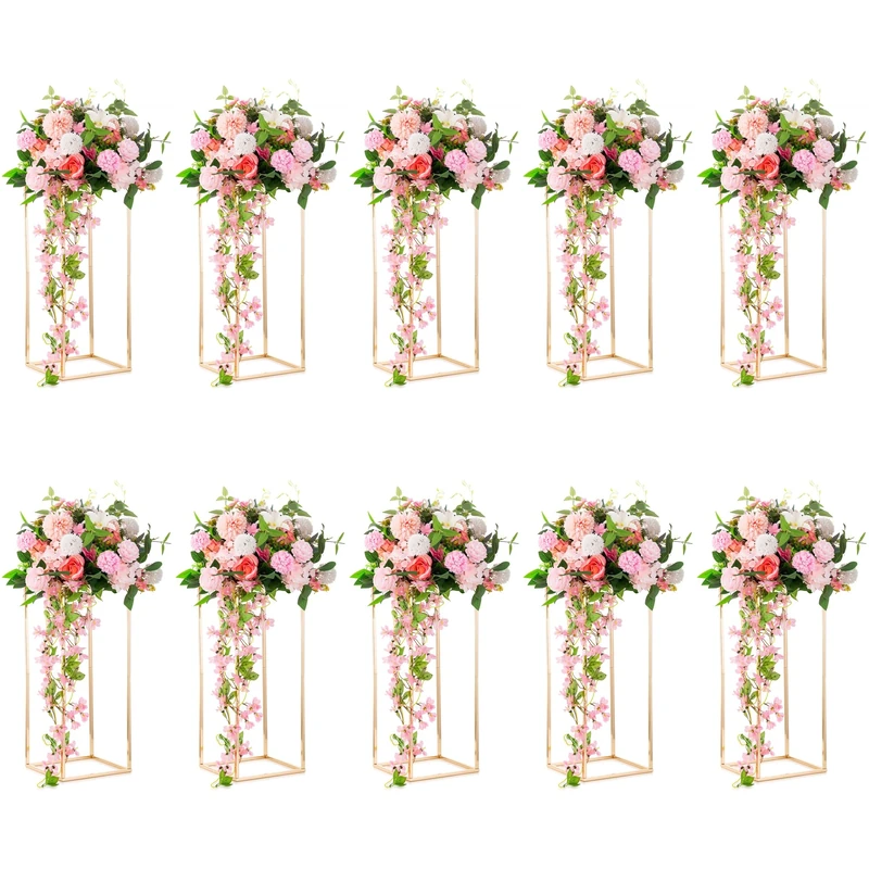 Inweder Column Vases Wedding Centerpieces for Tables - 10 Pcs Metal Flower Stand, Gold Tall Floor Vase, 23.6in Rectangular Geometric Flower Rack for Wedding Decorations, Party, Event, Home