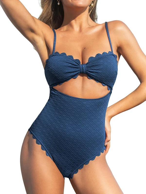 CUPSHE Women's One Piece Swimsuit Sexy Cutout Scallop Trim Bathing Suit Swimming Costume Blue XS