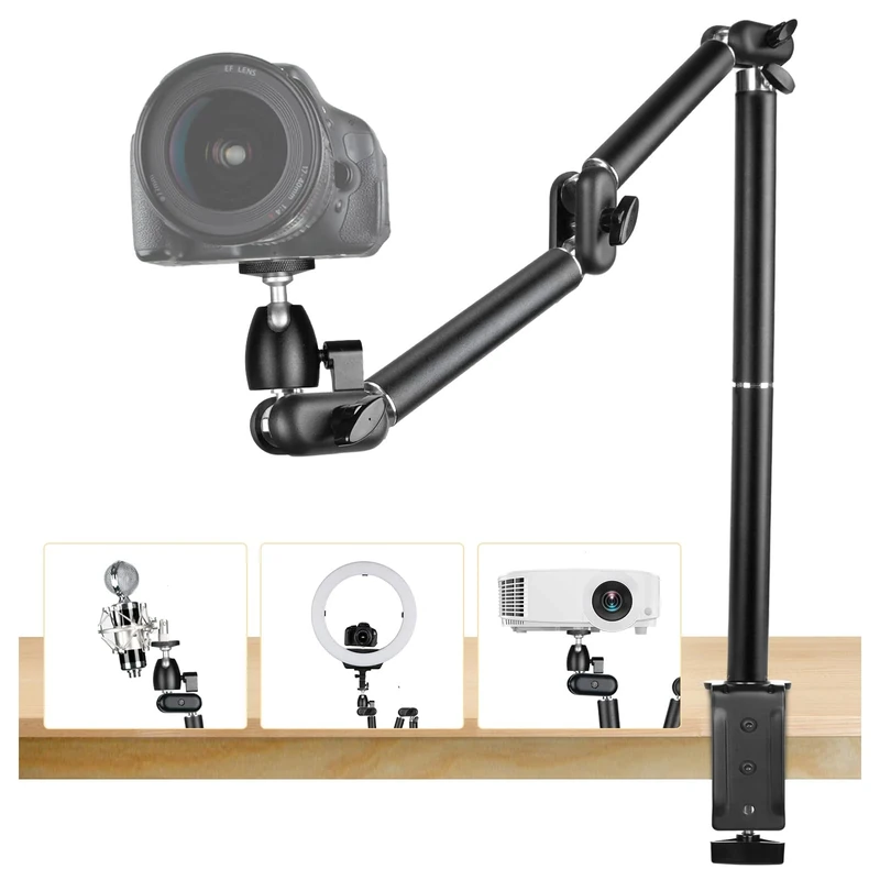 TARION Overhead Camera Desk Mount - 360° Flexible Articulating Arm with 3/8'' 1/4" Screw Ballhead & C Clamp 3kg Heavy Duty Camera Arm for DSLR Projector Ring Light TKA01-L