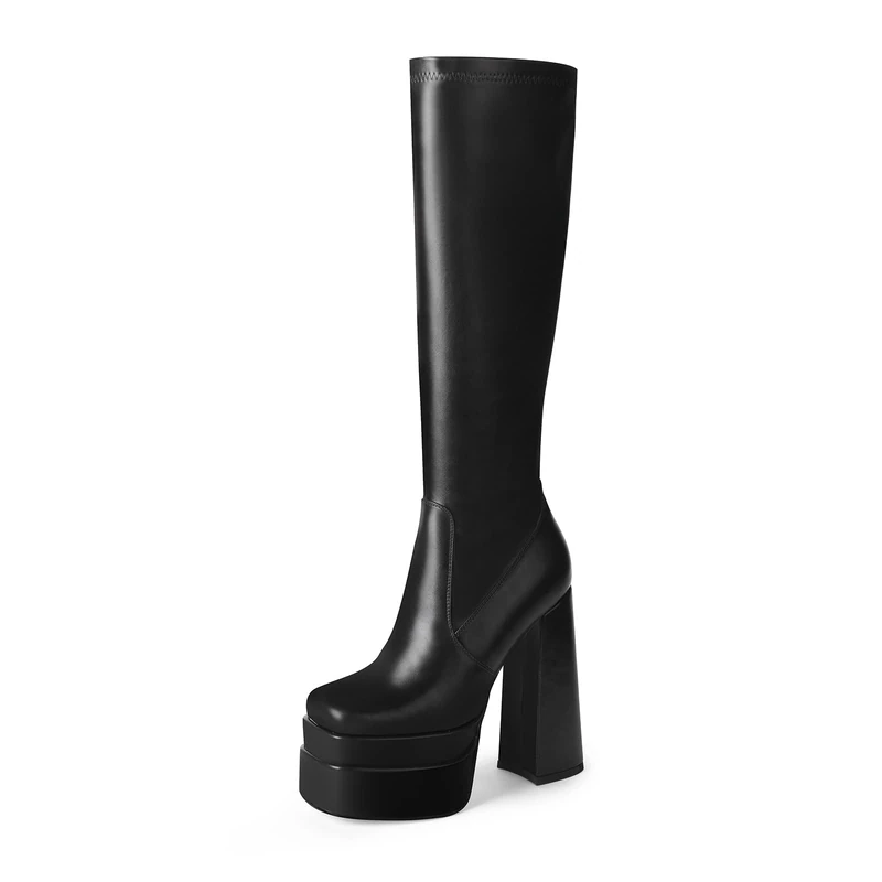 wetkiss Stacked Platform Knee High Boots for Women With High Chunky Heel, Gogo Boots for Women with Square Toe Side Zipper Stretch Boot, Black, 8 UK