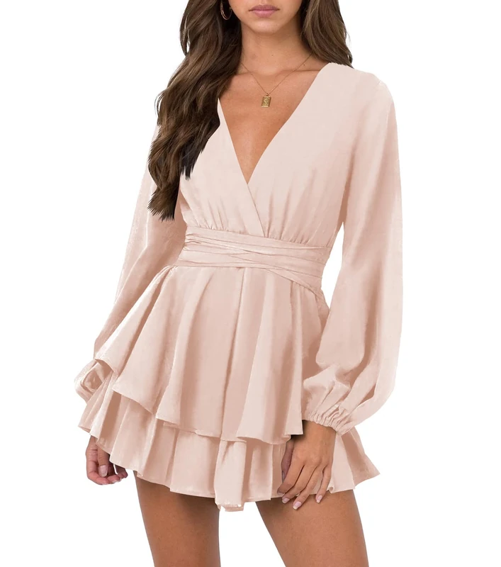 Nova In Sky Womens Sexy V Neck Long Baggy Sleeve Tie Waist Ruffle Hem Flowy Swing Mini Short Wrap Dress, Pink, X-Small