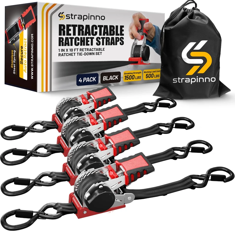 Strapinno Retractable Ratchet Straps 1 in x 10 ft, Secure Tie-Downs with Rubber-Coated Steel Handles, S-Hooks & Durable Hardware, for Motorcycle, Jetski, kayak, Breaking Strength 1,500LBS/680KG (4PCS)