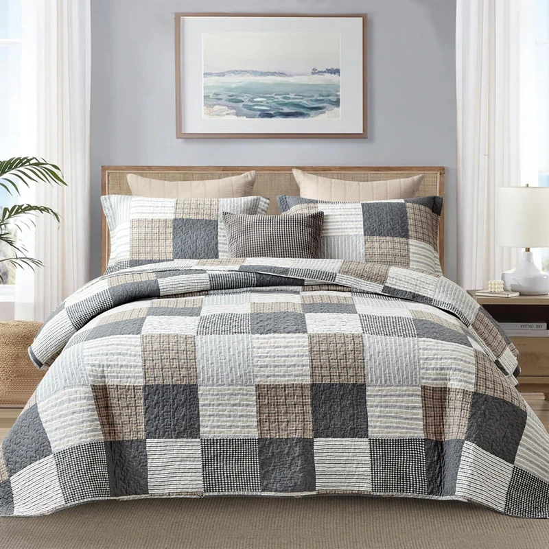 Finlonte Twin Quilt, 100% Cotton Twin Quilt Set, Grey Brown White Plaid Twin XL Quilt, Patchwork Lightweight Soft Twin Bedspread for All Season, 2-Pieces - Image 1