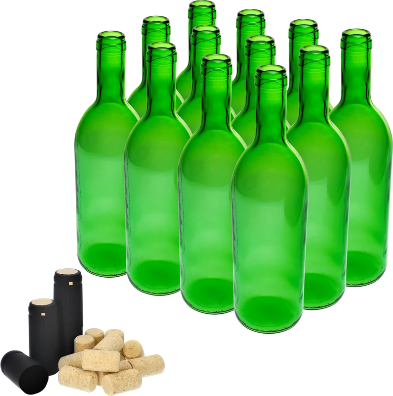 Browin 631473 Set of 12 Green Glass Wine Bottles, 750 ml Capacity, with Corks and Shrink Caps | 0.75 L wine bottle with corks and caps - 12 pcs
