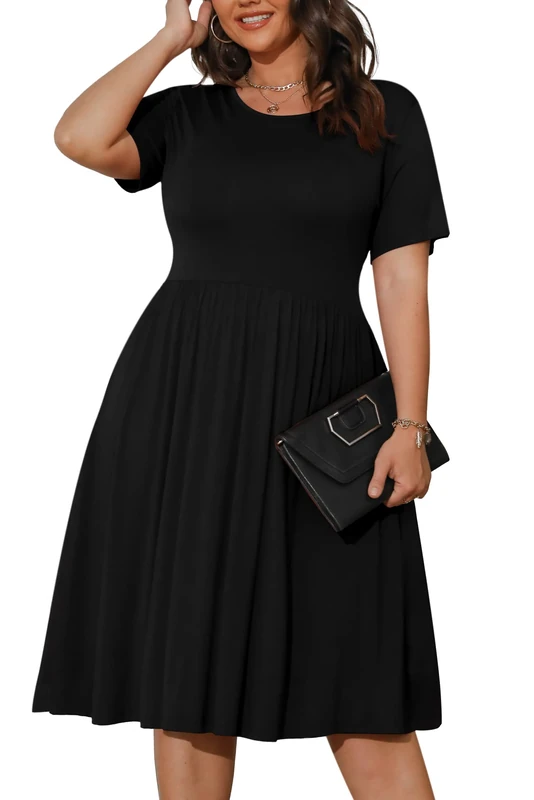 POSESHE Womens Plus Size Summer Dress 2023 Casual Short Sleeve Empire Waist Loose Fit Swing T-Shirt Dress with Pockets, B1-Black, 4XL Plus