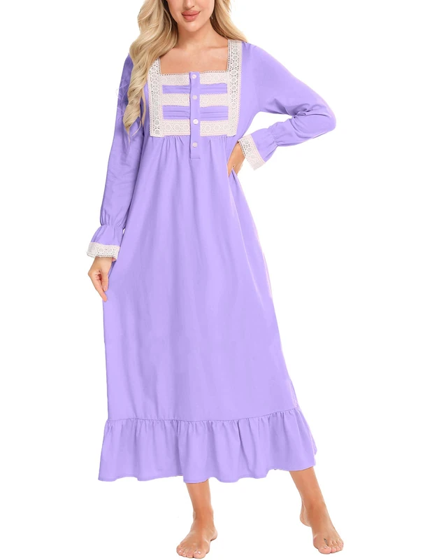 Rubehoow Women's Soft Cotton Nightgown Long Sleeve Vintage Nightie Sleep Gown with Pockets Purple, 2XL