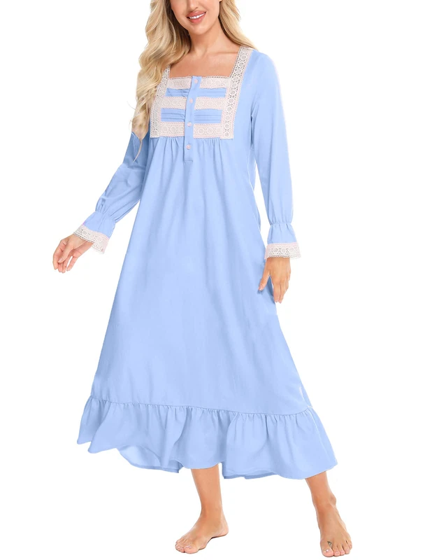 Rubehoow Women's Pure Cotton Nightwear Classic Square Neck with Button Up Classy Lounge Sleep Dress Light Blue, L