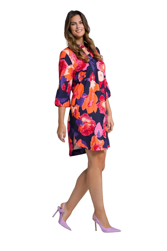 Ulla Popken Women's Blouse Dress, Flowers, Pleat, Shirt Collar, 3/4 Sleeves, Navy, 24-26