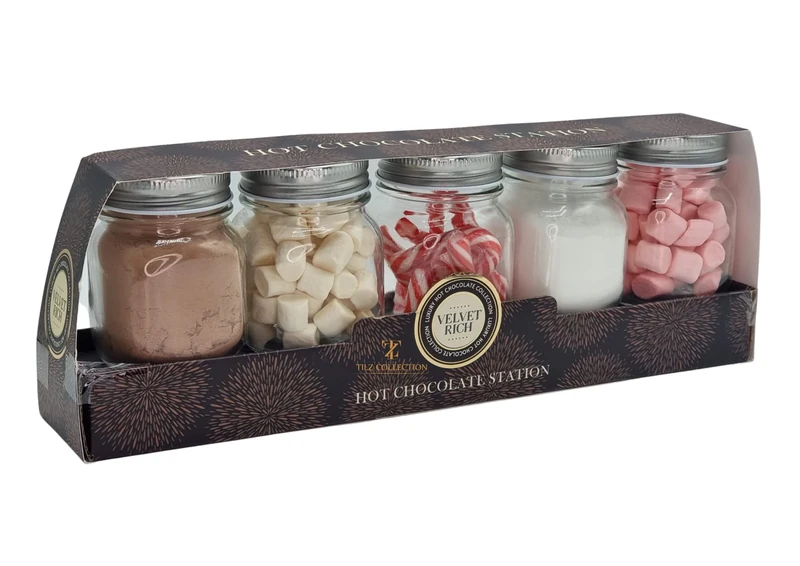 Hot Chocolate Station Kit - Christmas Hot Chocolate Gift Set In 5 Reusable Jars Containing Drinking Chocolate Mix Pink And White Hot Chocolate Marshmallows Candy Canes - Options Hot Chocolate Sets