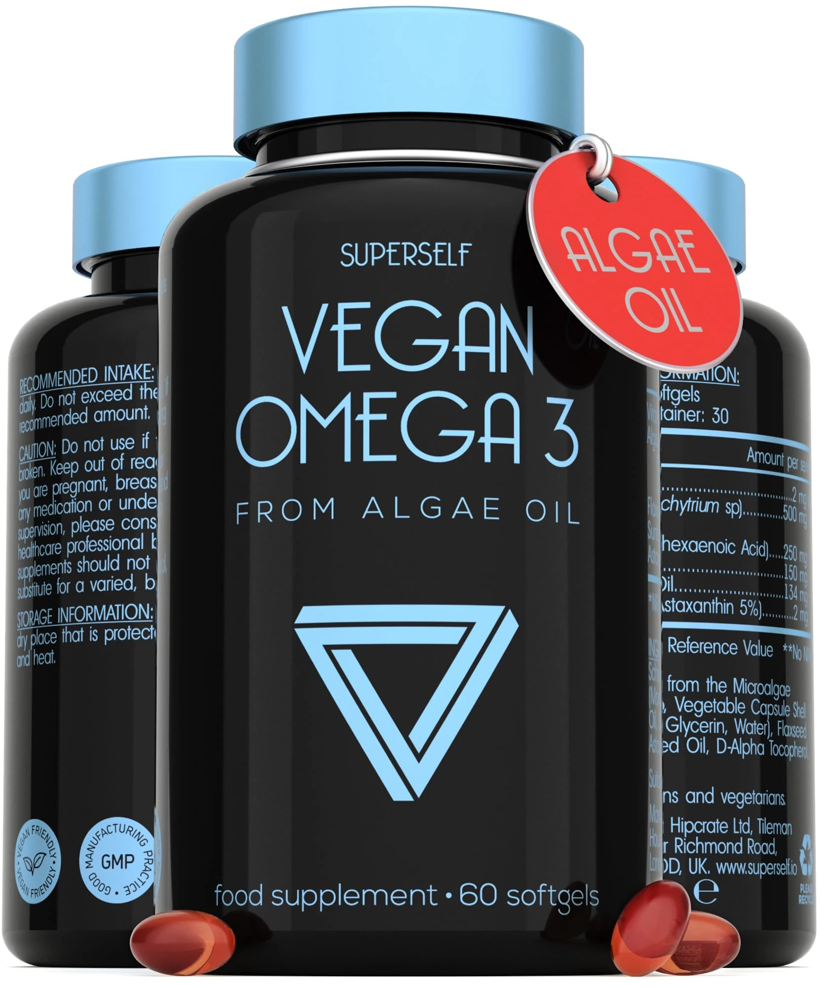 Vegan Omega 3 Capsules - High Strength DHA from Algae Oil with Flaxseed Oil, Astaxanthin, Vitamin E - Algae Omega 3 Vegan - 60 Easy Swallow Softgel Tablets - Sustainable Vegetarian DHA Supplements