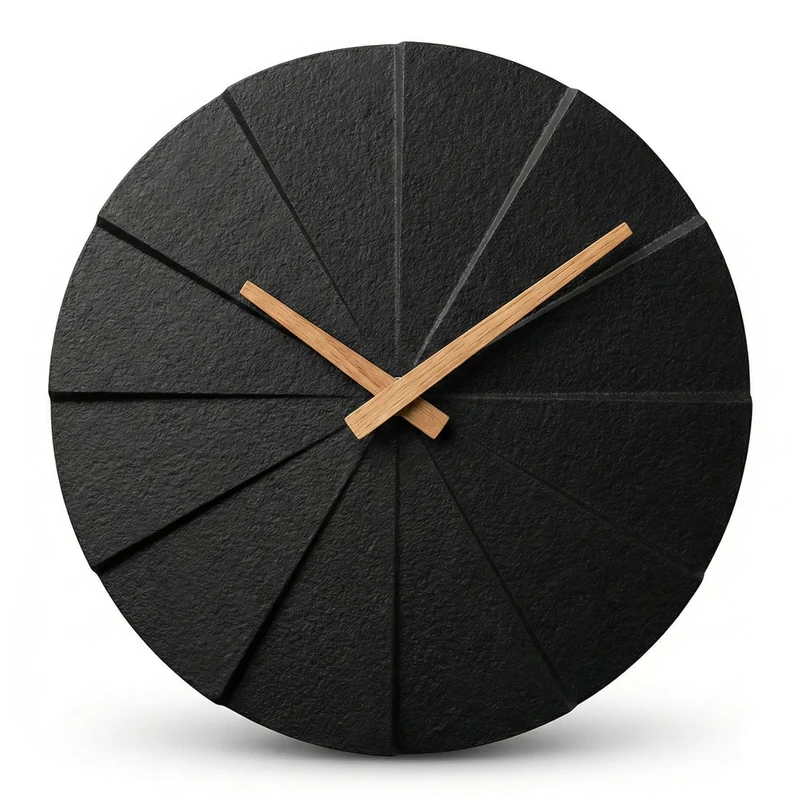 Driini Staircase Modern Wall Clock - Unique 11.2 in. Frameless Concrete Design - Contemporary, Minimalist Decor; No Numbers - Silent Battery Operated Clocks with Decorative Wooden Hands; Black - Image 1