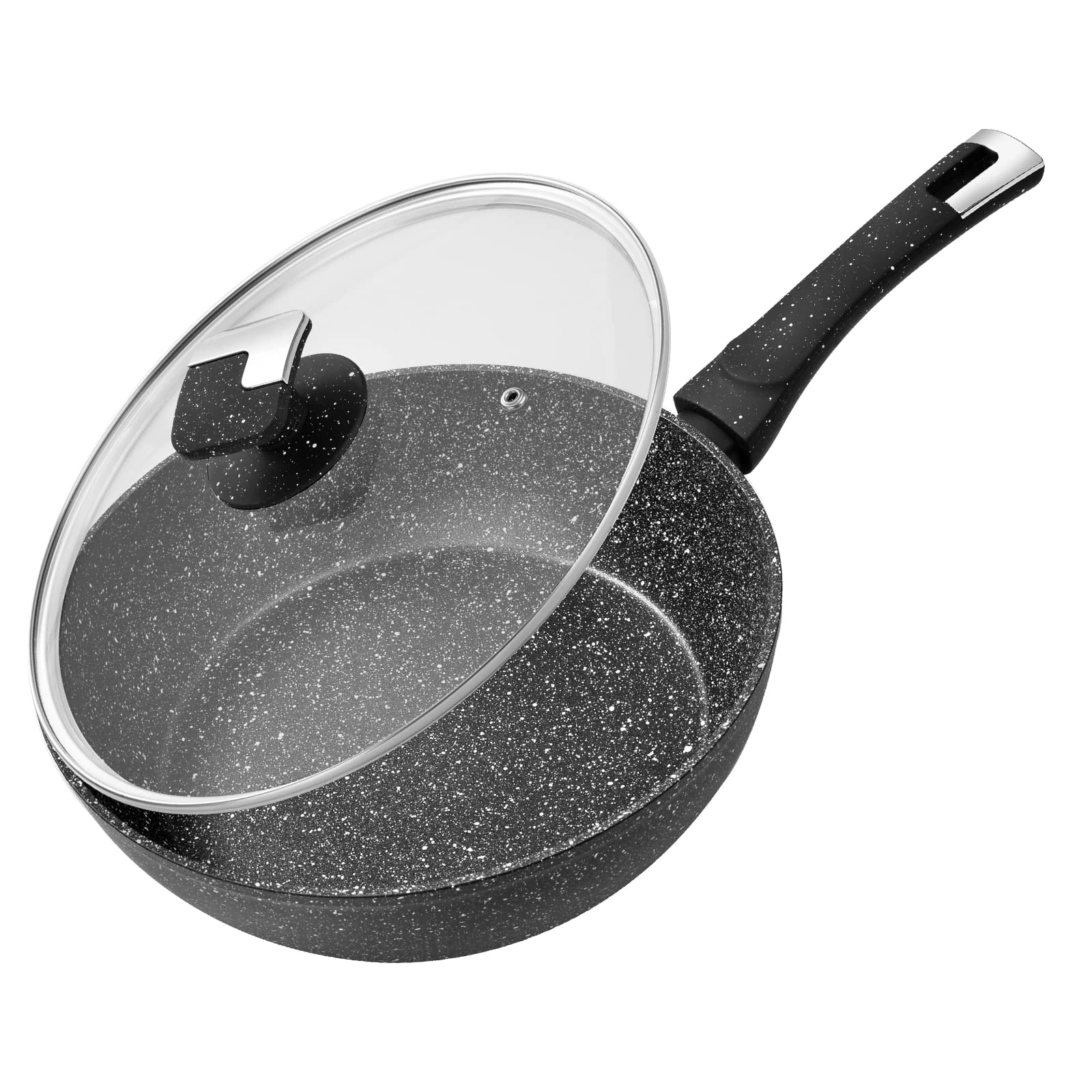 Rainberg 26cm Deep Frying Pan with Lid, Granite Frying Pan Nonstick, Nonstick Frying Pans with Lid, Induction Compatible (Black Deep FryPan, 26cm)