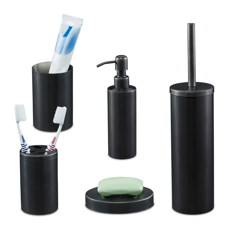 Relaxdays 5-Piece Bathroom Accessory, Brushed Stainless Steel, Complete Toilet Set, Modern Design, Anthracite, 100%, 39 x 9.5 x 9.5 cm